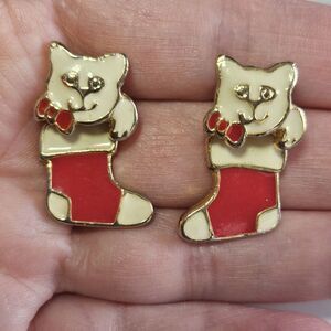 Vintage Signed AIM Enamel Christmas Stocking w Cat Articulating Pierced Earrings
